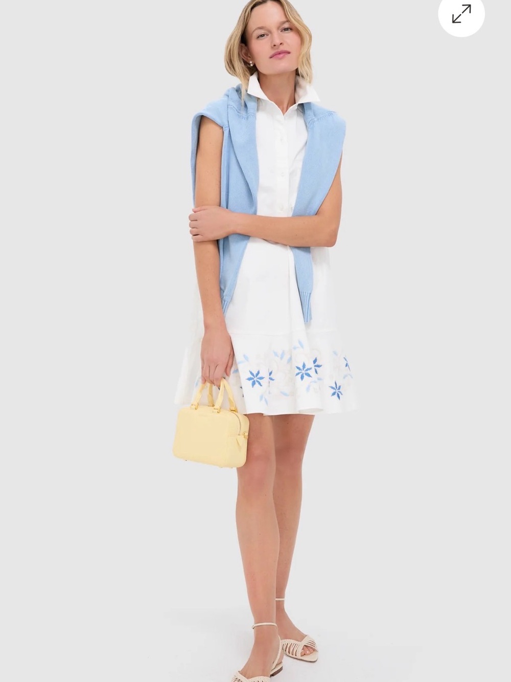 Tuckernuck White Sleeveless Shirt Dress with Blue Floral Hem